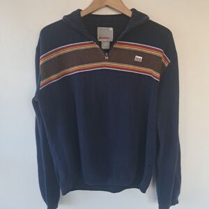 Vintage Hollister Men Y2K 1/4 Zip Sweater Large Blue Striped Skate Preppy FLAW